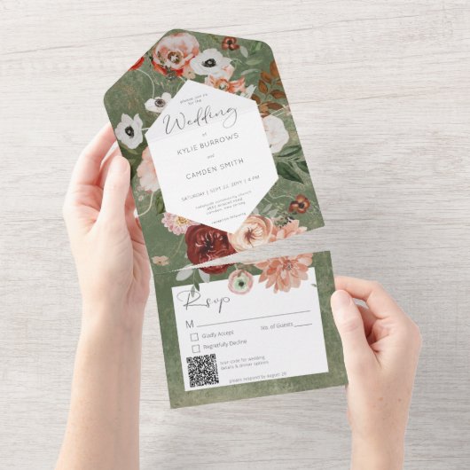 Boho Green Burgundy Herfst Floral QR Code All In One Uitnodiging (Afscheurbaar)