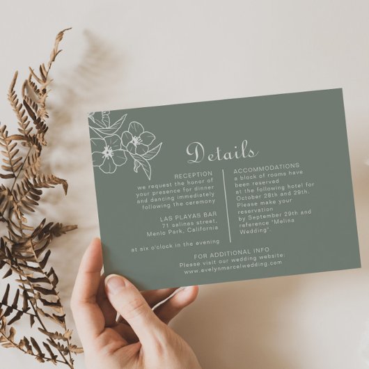 Boho Green Destination Floral Wedding Details Informatiekaartje