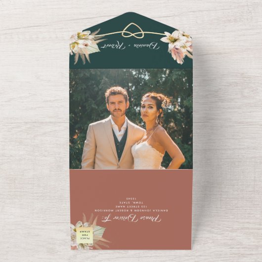 Boho Green en Terracotta bruiloft All In One Uitnodiging (Buitenkant)