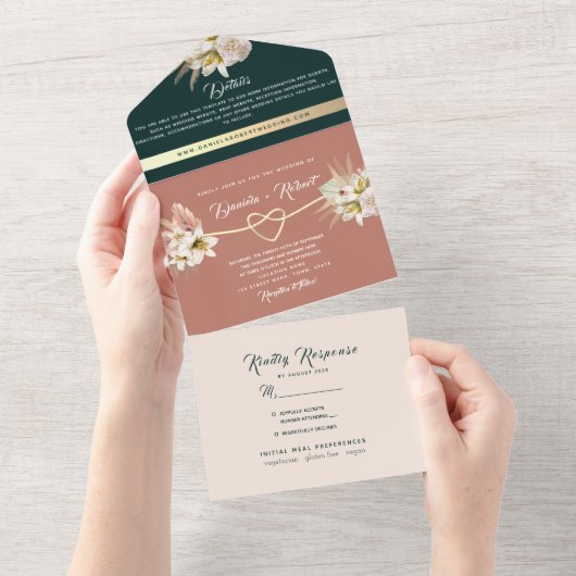 Boho Green en Terracotta bruiloft All In One Uitnodiging (Afscheurbaar)