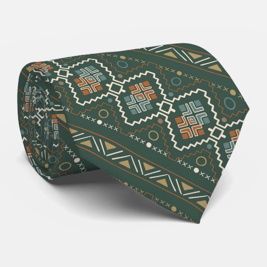 Boho Green en Terracotta Bruin Tribal Patroon Stropdas (Opgerold)