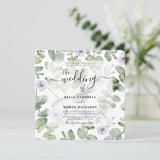 Boho Green Eucalyptus en Paarse Floral Wedding Kaart (Staand voorkant)