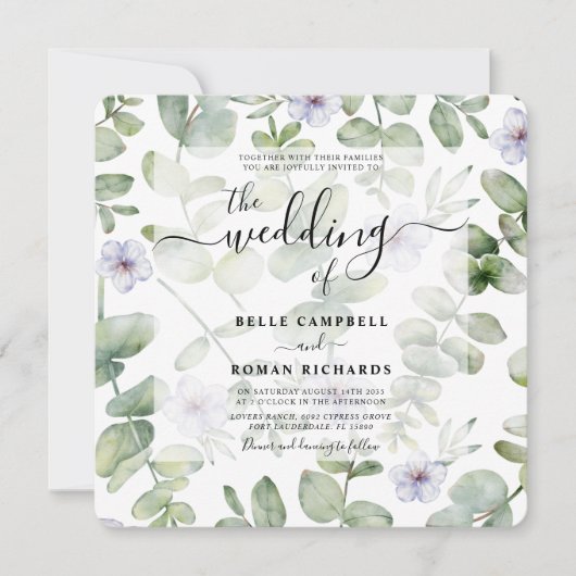 Boho Green Eucalyptus en Paarse Floral Wedding Kaart (Voorkant)