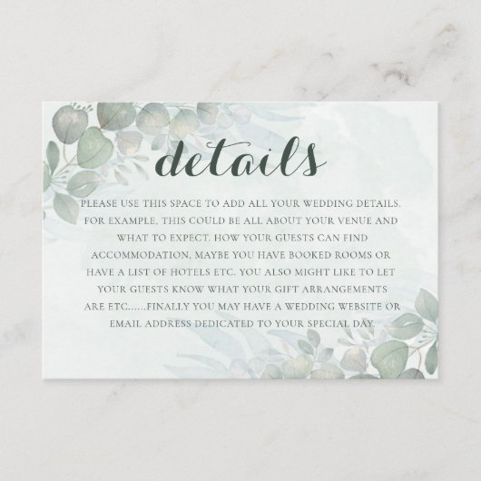 Boho Green Eucalyptus Wedding Details  Informatiekaartje (Voorkant)