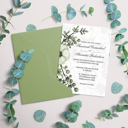 Boho Green Floral Berries Damask Wedding Kaart