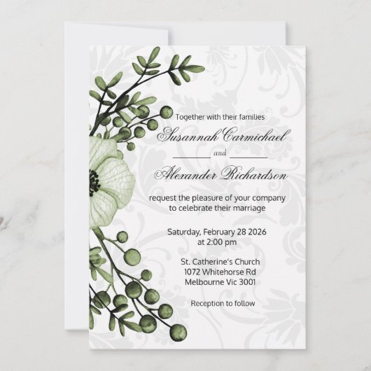 Boho Green Floral Berries Damask Wedding Kaart (Voorkant)