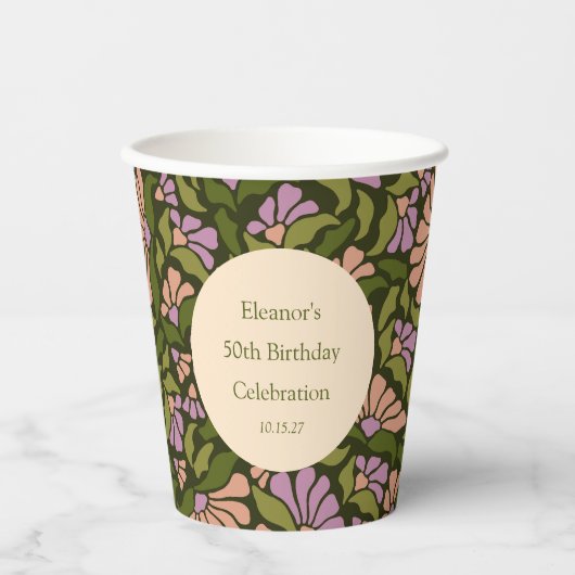  Boho Green Floral Custom 50th Birthday Papieren Bekers (Voorkant)
