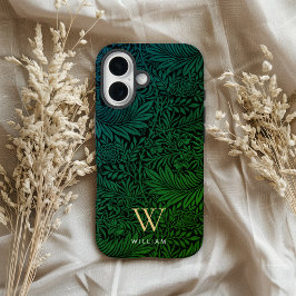 Boho Green Floral Gold Monogram Name iPhone 16 Hoesje
