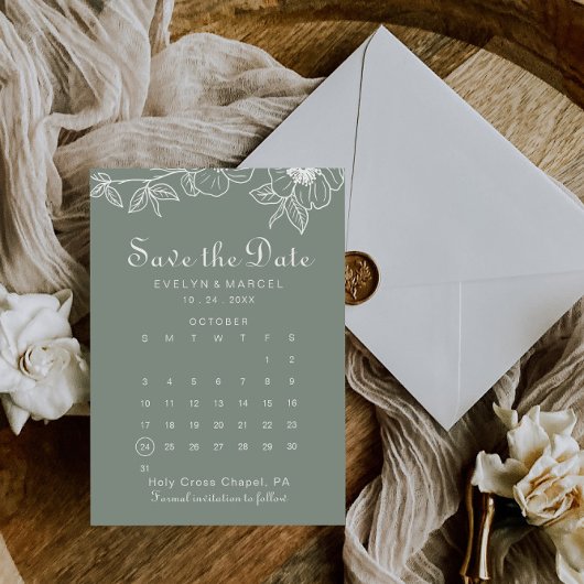 Boho Green Floral Save the Date Calendar