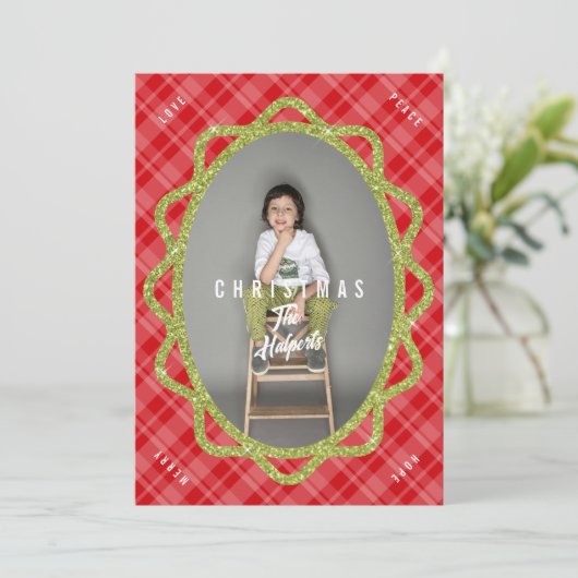 Boho Green Glitter & Plaid Ovaal Foto Kerstmis Feestdagenkaart (Staand voorkant)