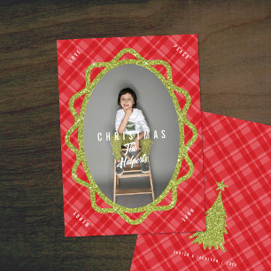 Boho Green Glitter & Plaid Ovaal Foto Kerstmis Feestdagenkaart