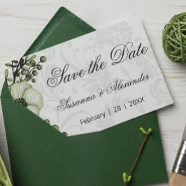 Boho Green krans en damast bruiloft Save the Date Aankondigingskaart