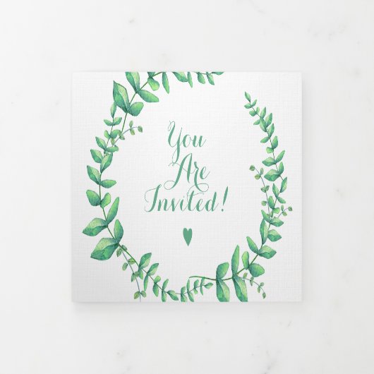 Boho Green Leaf Mint Green Ash Wreath Wedding Drieluik Uitnodiging (Cover)