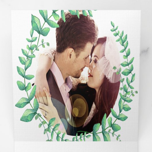 Boho Green Leaf Mint Green Ash Wreath Wedding Drieluik Uitnodiging (Binnenzijde eerst)