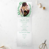 Boho Green Leaf Mint Green Ash Wreath Wedding Drieluik Uitnodiging (Binnen)