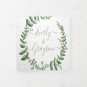 Boho Green Leaf Olive Green Ash Wreath Wedding Drieluik Uitnodiging (Cover)