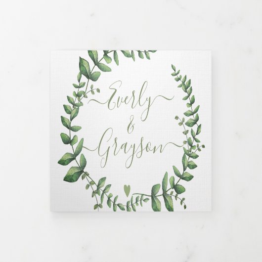 Boho Green Leaf Olive Green Ash Wreath Wedding Drieluik Uitnodiging (Cover)