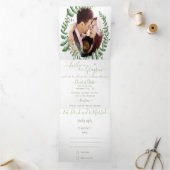 Boho Green Leaf Olive Green Ash Wreath Wedding Drieluik Uitnodiging (Binnen)