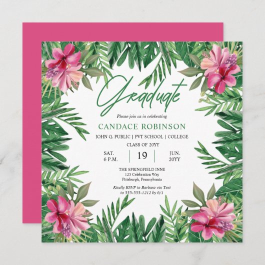 Boho Green Leaves | Roze Hibiscus Graduation Party Kaart (Voorkant / Achterkant)