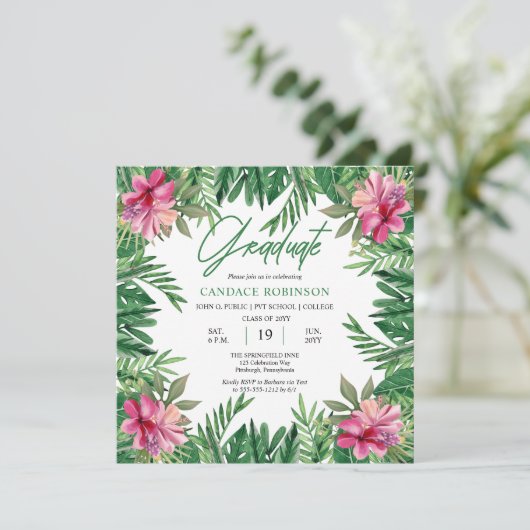 Boho Green Leaves | Roze Hibiscus Graduation Party Kaart (Staand voorkant)