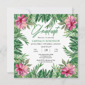 Boho Green Leaves | Roze Hibiscus Graduation Party Kaart (Voorkant)