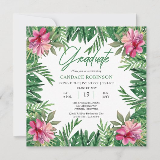 Boho Green Leaves | Roze Hibiscus Graduation Party Kaart (Voorkant)