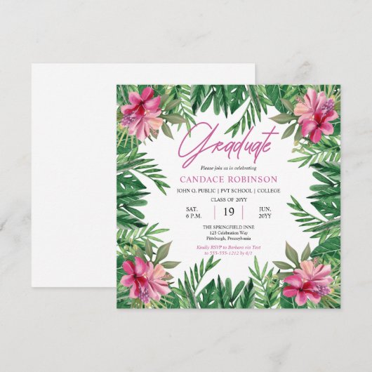 Boho Green Leaves | Roze Hibiscus Graduation Party Kaart (Voorkant / Achterkant)