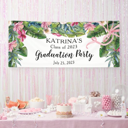 Boho Green Leaves | Roze Hibiscus Graduation Party Spandoek (Feest)