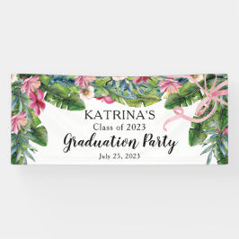Boho Green Leaves | Roze Hibiscus Graduation Party Spandoek