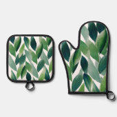 Boho Green Leaves Waterverf met de hand geschilder Ovenwant & Pannenlap Set (Voorkant)