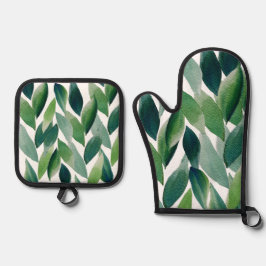 Boho Green Leaves Waterverf met de hand geschilder Ovenwant & Pannenlap Set