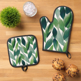 Boho Green Leaves Waterverf met de hand geschilder Ovenwant & Pannenlap Set