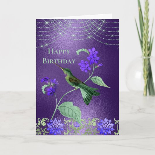 Boho Green Paars Hummingbird Floral Birthday Kaart (Voorkant)