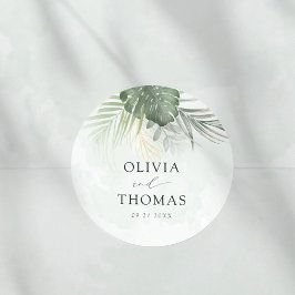 Boho Green Palms Coastal Wedding Ronde Sticker
