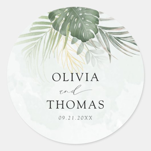 Boho Green Palms Coastal Wedding Ronde Sticker (Voorkant)