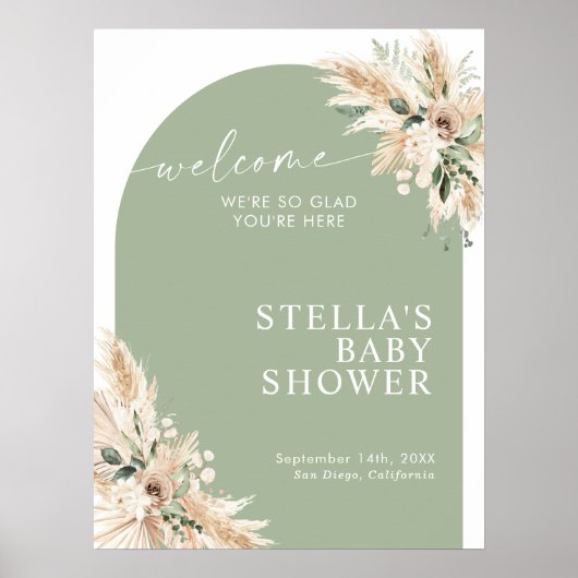 Boho Green Pampas Grass Baby shower Poster (Voorkant)