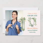 Boho Green Photo Waterverf Nursing School Gradua Aankondiging (Voorkant)