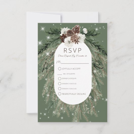 Boho Green Pine Winter Sparkle Drie Diner RSVP Kaartje (Voorkant)