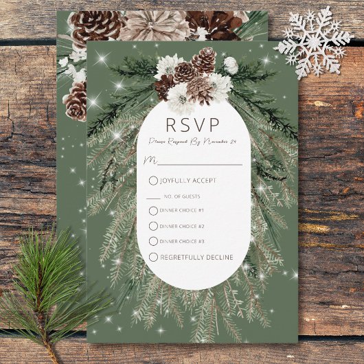 Boho Green Pine Winter Sparkle Drie Diner RSVP Kaartje