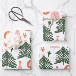 Boho Green Pink Oranje kerstbomen Inpakpapier Vel