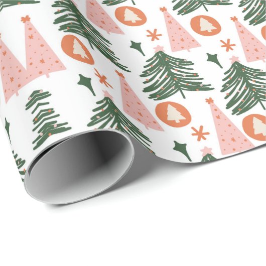 Boho Green Pink Oranje Rustic kerstbomen Cadeaupapier (Rol Hoek)