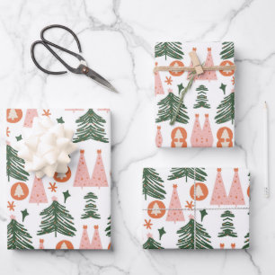 Boho Green Pink Oranje Rustic kerstbomen Inpakpapier Vel