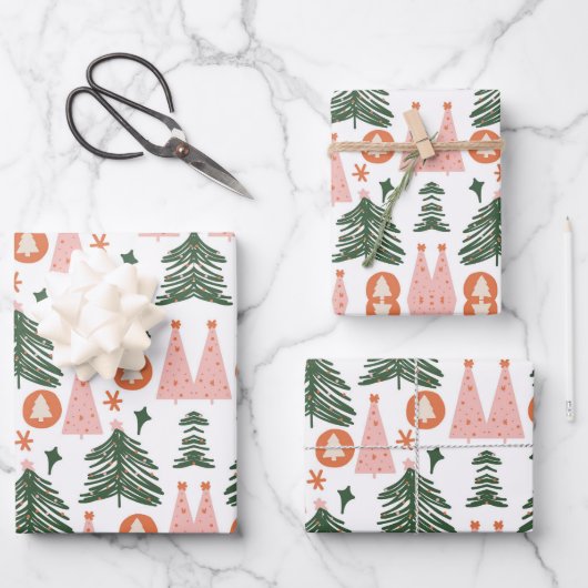 Boho Green Pink Oranje Rustic kerstbomen Inpakpapier Vel (Voorkant)