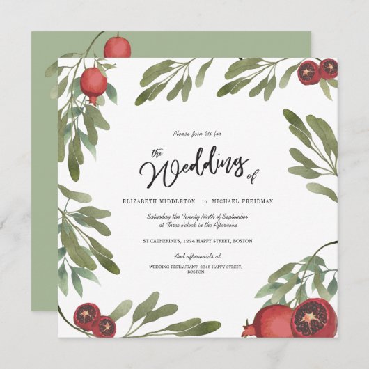 Boho Green Pomegranate Leaves Modern Botanical Kaart (Voorkant / Achterkant)