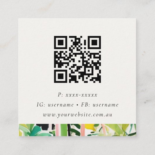 Boho Green Tropical Leaf Foliage Botanical QR Code Vierkante Visitekaartje (Achterkant)