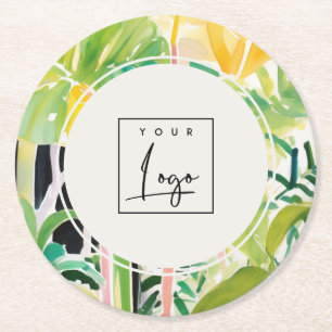 Boho Green Tropisch Bladrijk Blad Botanisch Logo Ronde Kartonnen Onderzetter