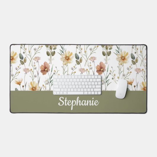Boho Green Watercolor Wildflower Monogram Name Bureaumat (Keyboard & Muis)