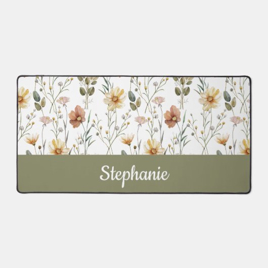 Boho Green Watercolor Wildflower Monogram Name Bureaumat (Voorkant)