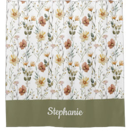Boho Green Watercolor Wildflower Monogram Name Douchegordijn