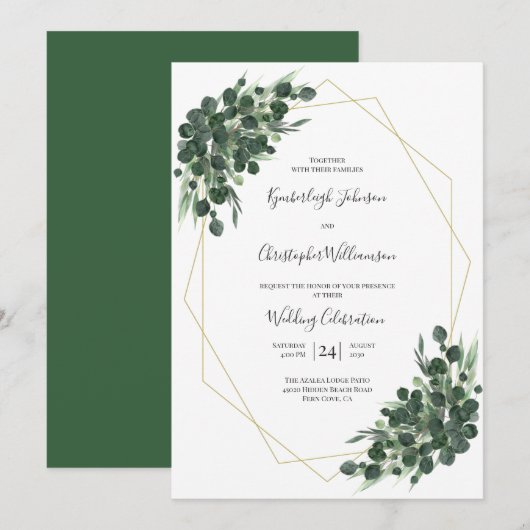 Boho Green Waterverf Eucalyptus Geometric Wedding Kaart (Voorkant / Achterkant)